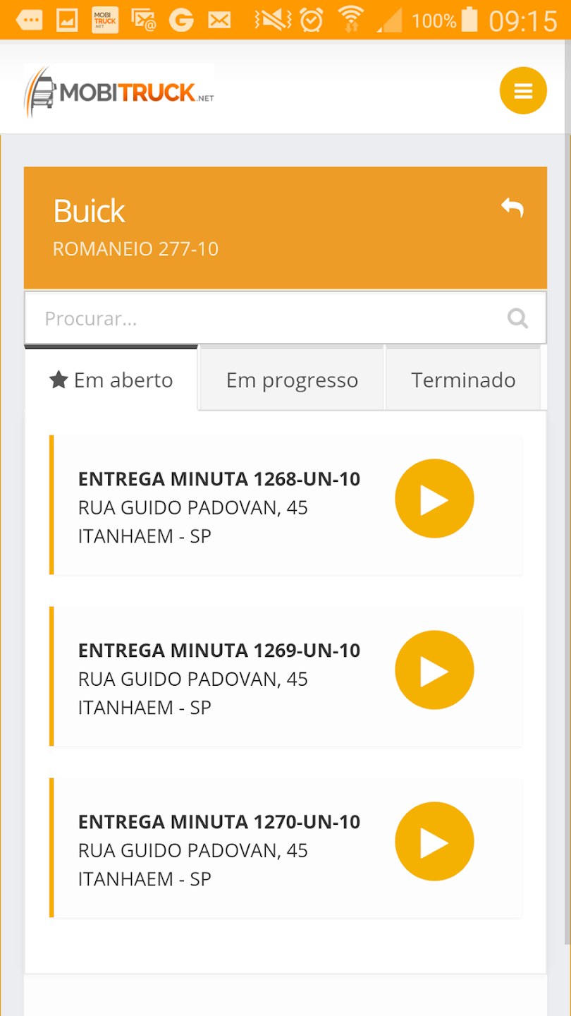 Tela do app MobiTruck mostrando lista de entregas em aberto com endereços e status